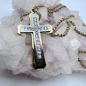 NEW 1/10 Ct Diamond Accent + 18KP Gold & Stainless Steel Cross Necklace, Men’s